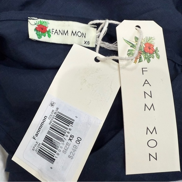 Fanm Mon Navy Flame Linen One Sleeve Ruffle Hem Floral Embroidery Mini Dress NWT - Picture 11 of 15